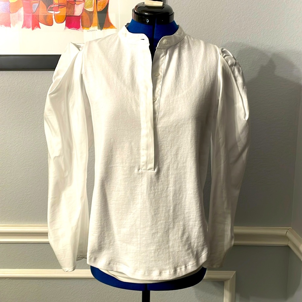 NWOT A.L.C. Puffy Sleeve Henley-Style Top, White, Size 4. Unworn.